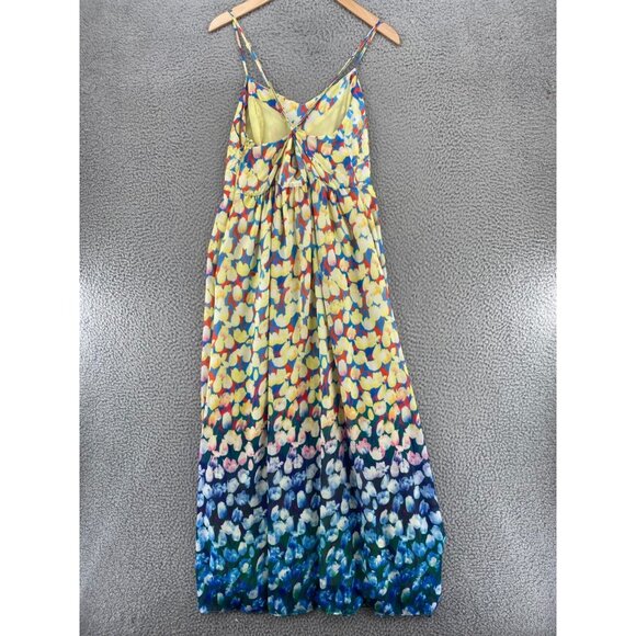 Badgley Mischka Dress Womens 8 Yellow Blue Multi Floral Ombre Maxi Flowy Ruched* - Picture 3 of 12